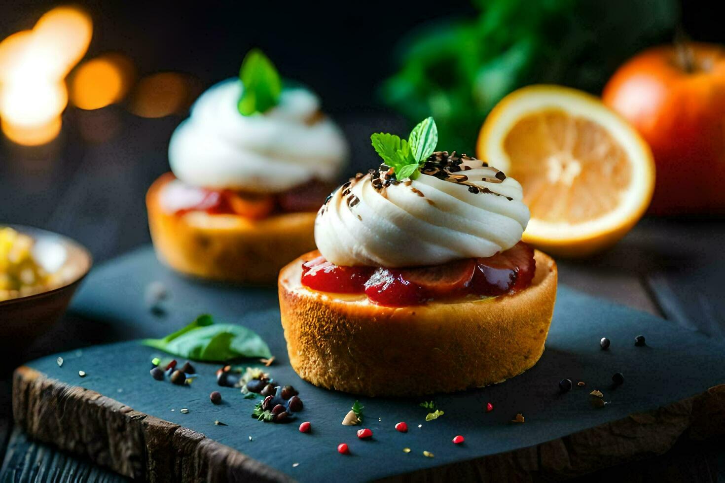 pequeño pasteles con azotado crema y naranja rebanadas generado por ai foto