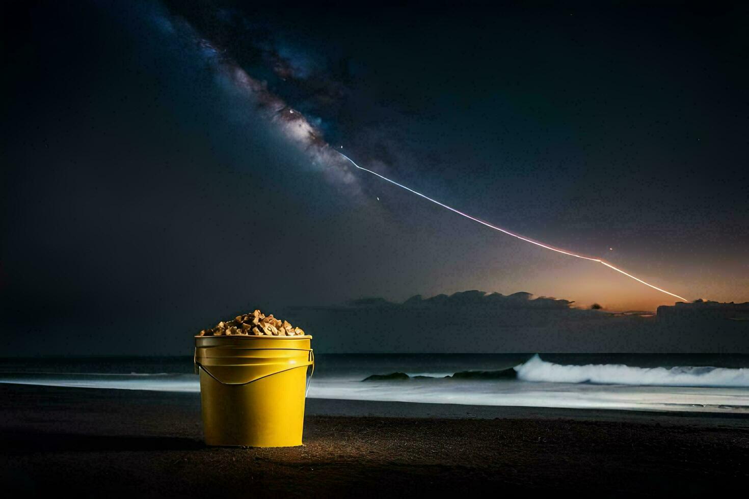 a bucket of peanuts on the beach. AI-Generated photo