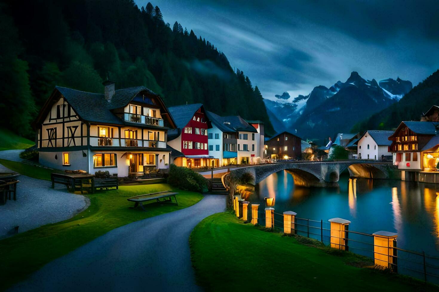 photo wallpaper the sky, mountains, water, houses, the night, the mountains, the river. AI-Generated