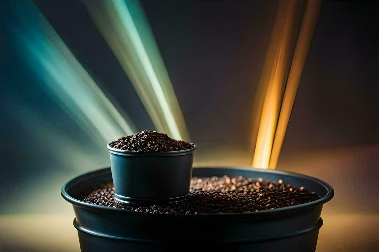 coffee beans in a bucket with light shining from the top. AI-Generated photo