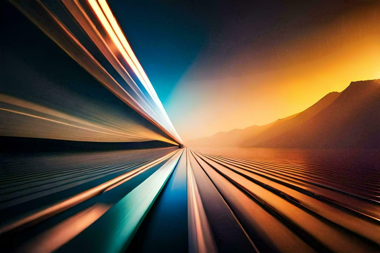 a train traveling through the mountains at sunset. AI-Generated photo