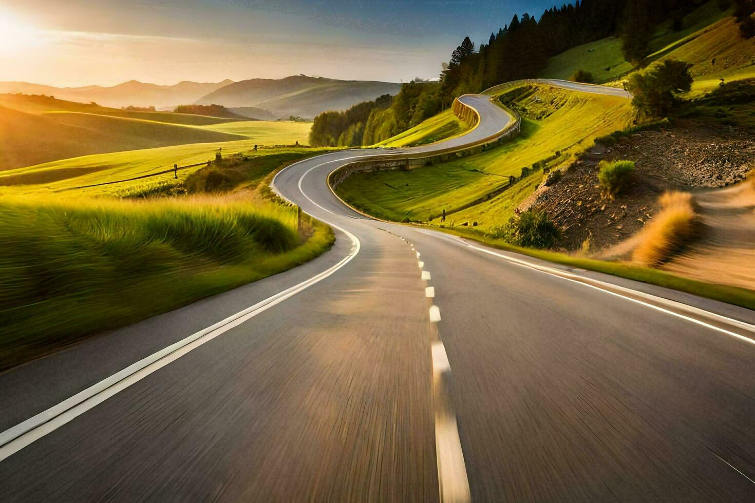 a winding road in the mountains at sunset. AI-Generated photo