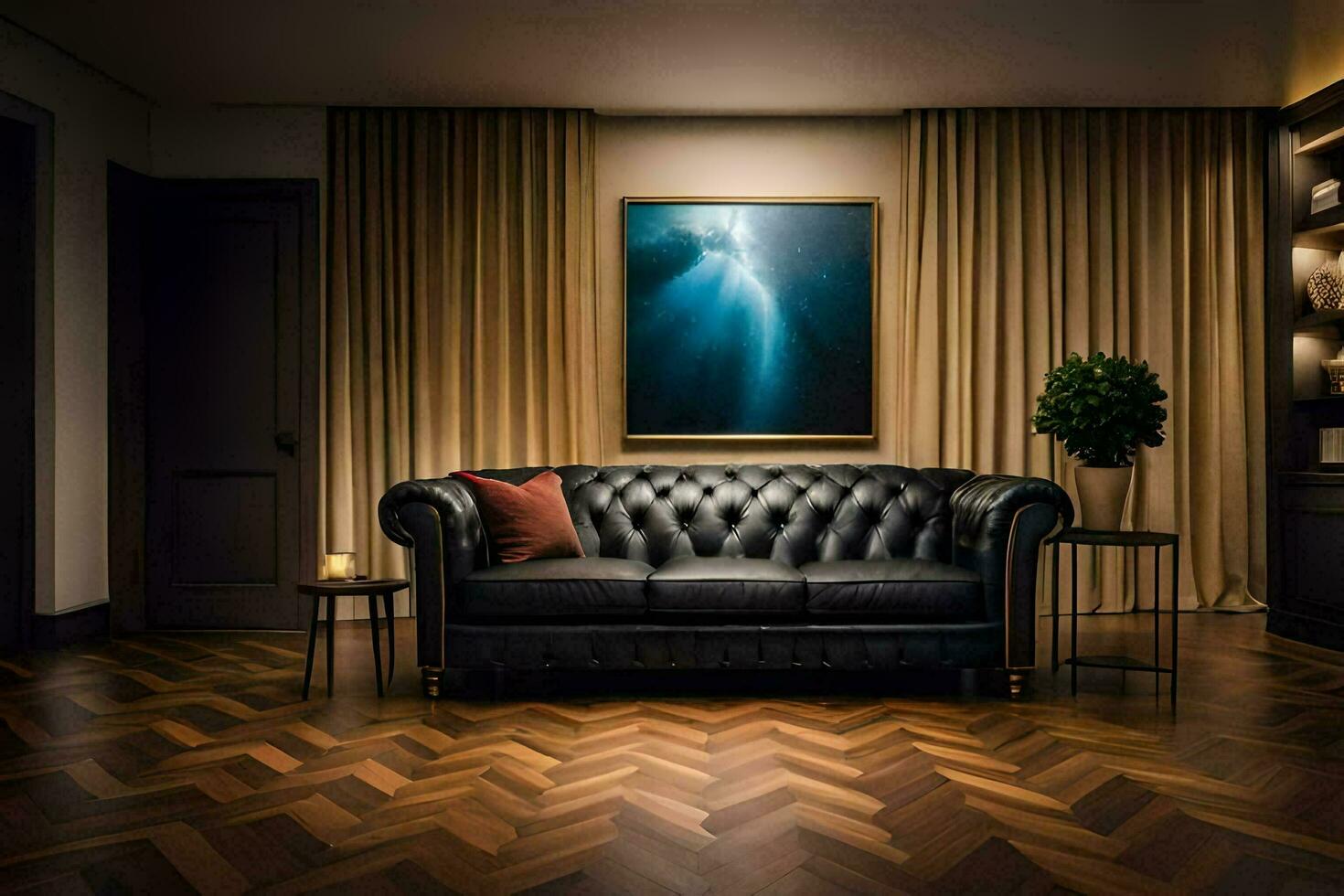 a living room with a leather couch and a painting. AI-Generated photo