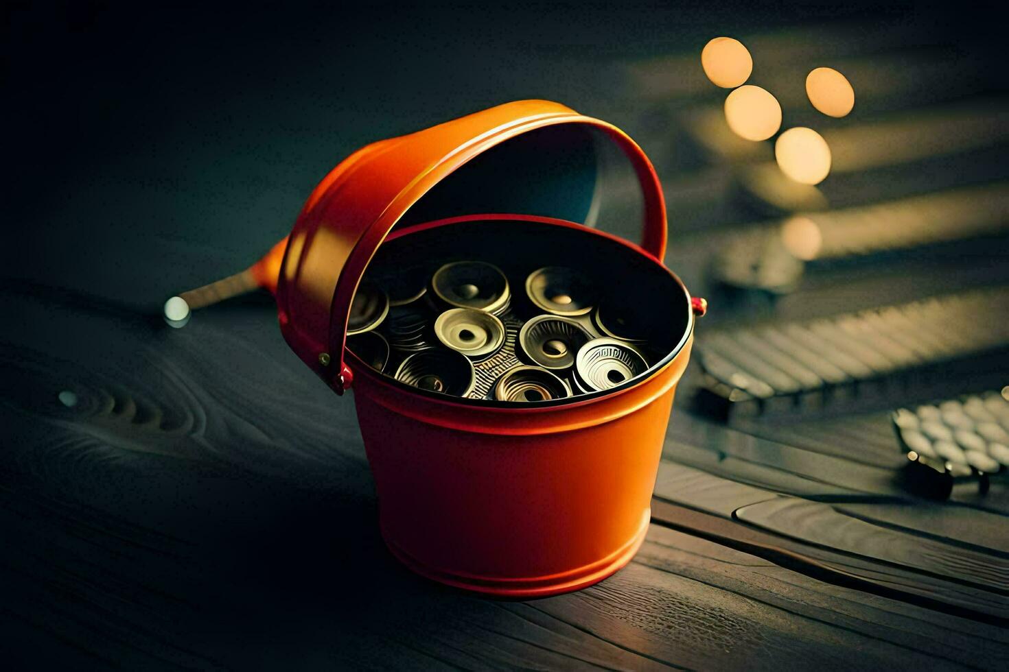 a bucket filled with metal screws on a wooden table. AI-Generated photo