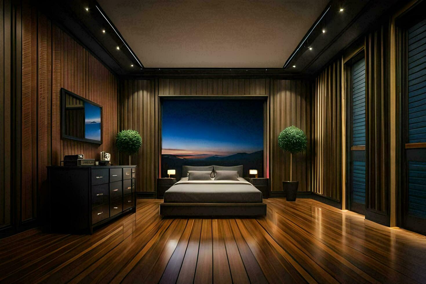 a bedroom with wooden floors and a view of the mountains. AI-Generated photo