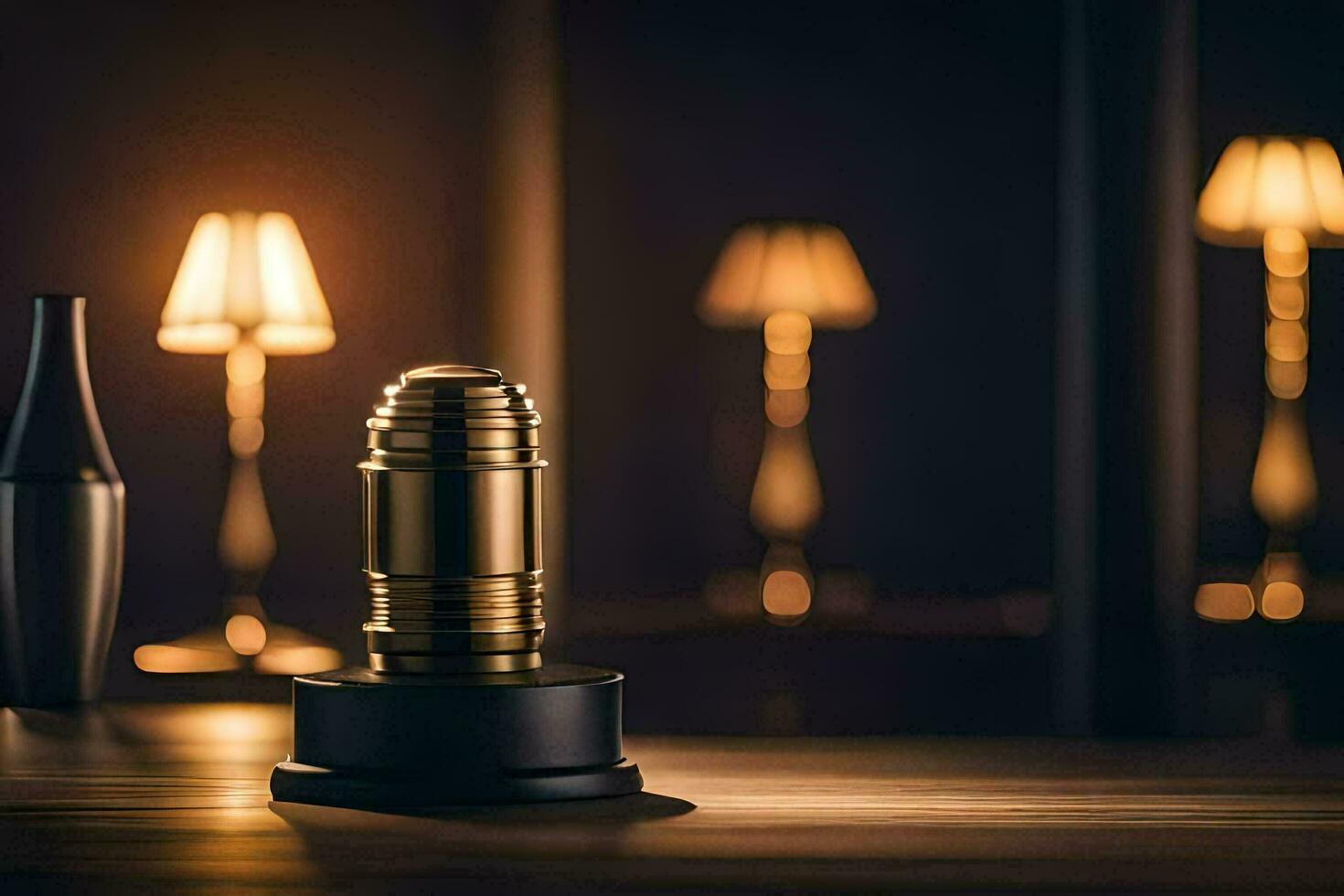 a lamp on a table with a candle and a lamp. AI-Generated photo