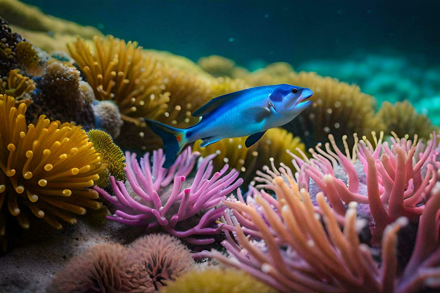 un pescado nada entre vistoso anémona. generado por ai foto