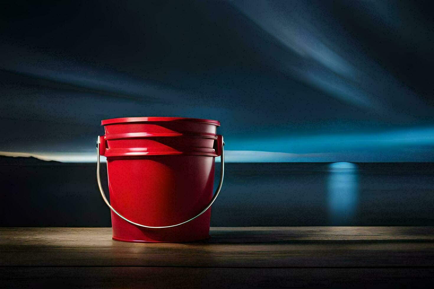 a red bucket sitting on a wooden table in front of the ocean. AI-Generated photo