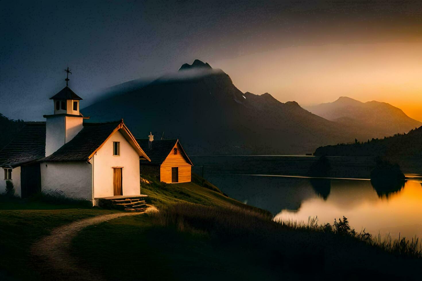 photo wallpaper the sky, mountains, lake, church, sunset, the sun, the mountains,. AI-Generated