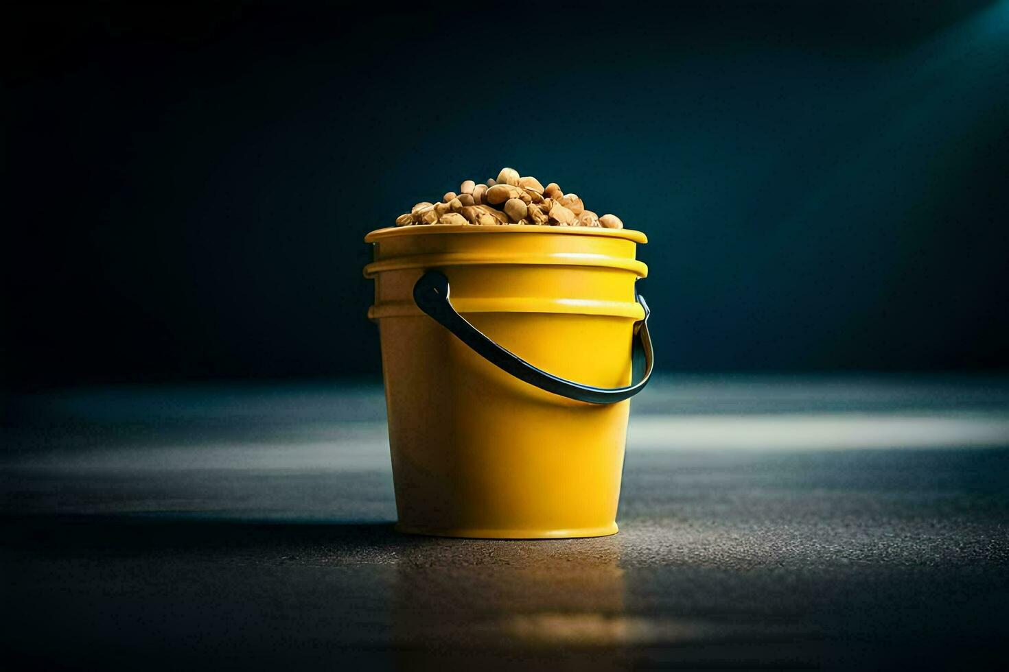 a bucket of peanuts sitting on a table. AI-Generated photo