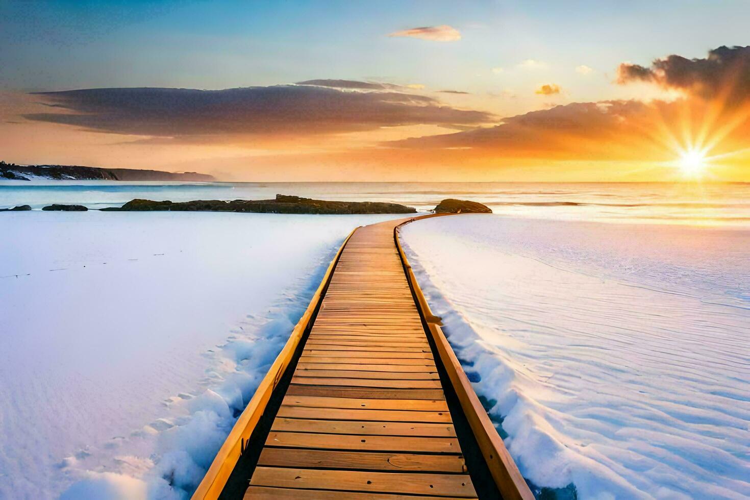 the boardwalk on the beach at sunset. AI-Generated photo