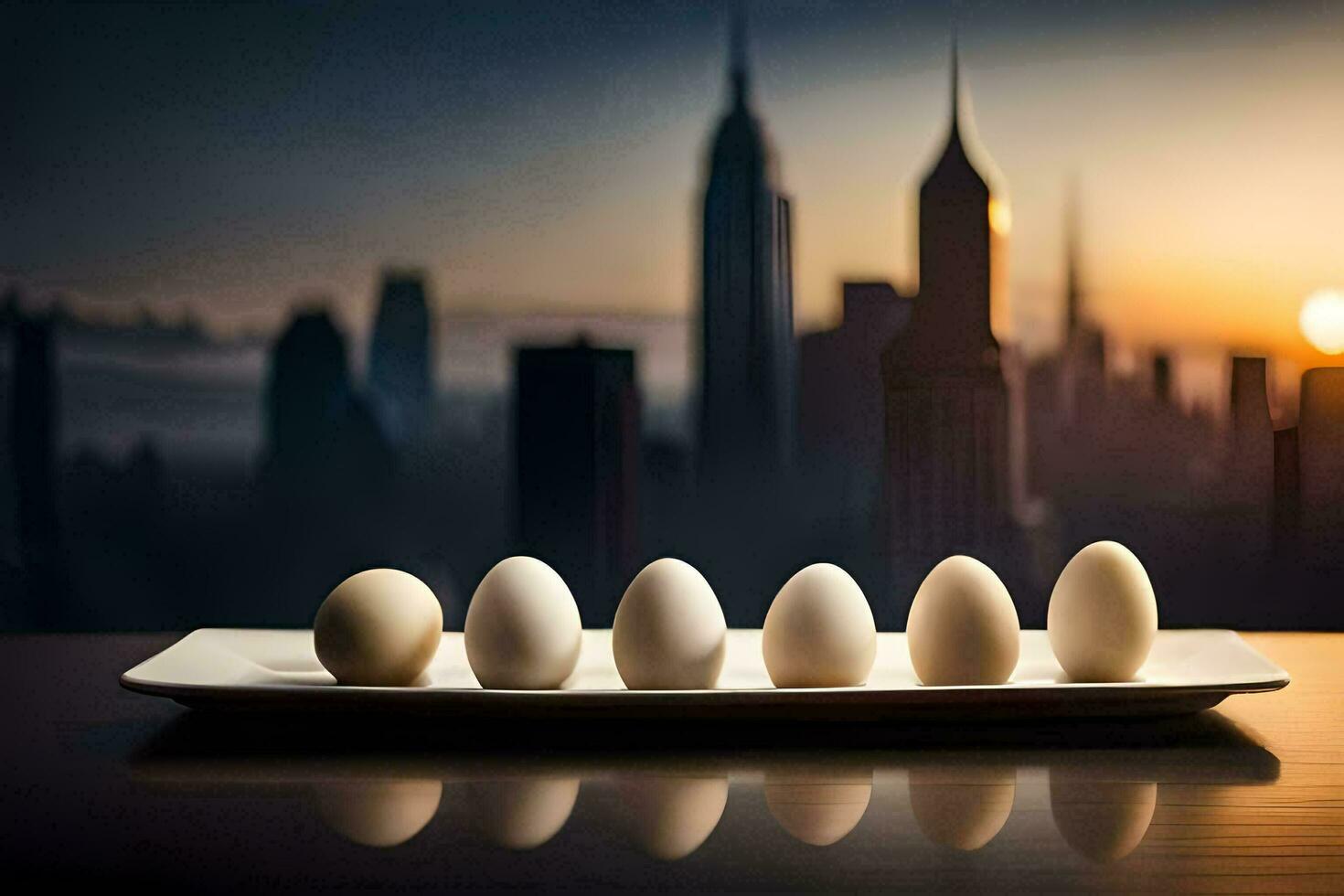 eggs on a plate with cityscape in the background. AI-Generated photo