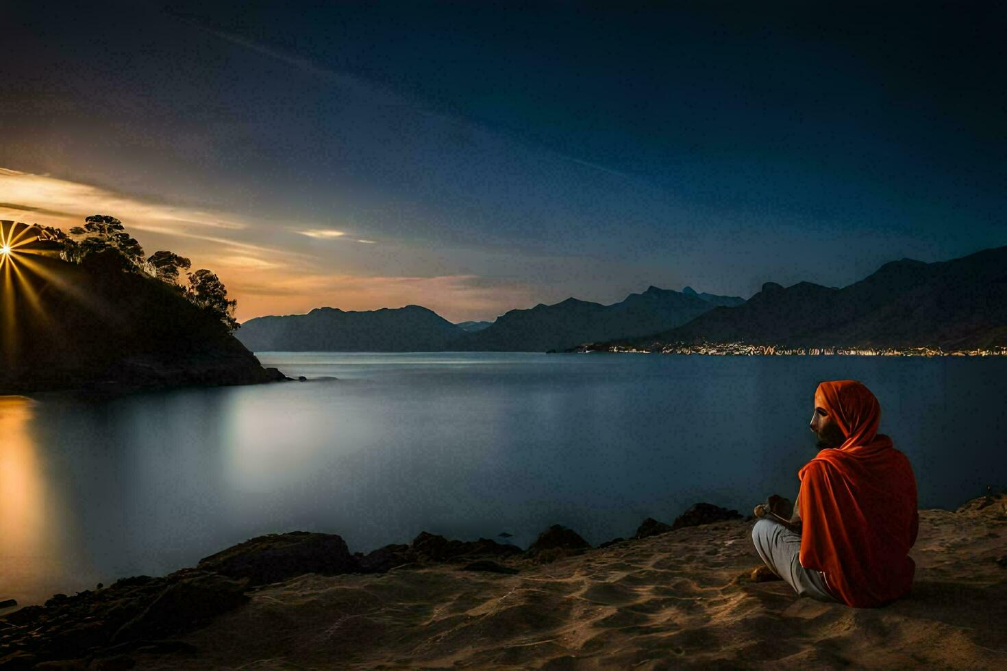 a man sitting on the beach at sunset. AI-Generated photo