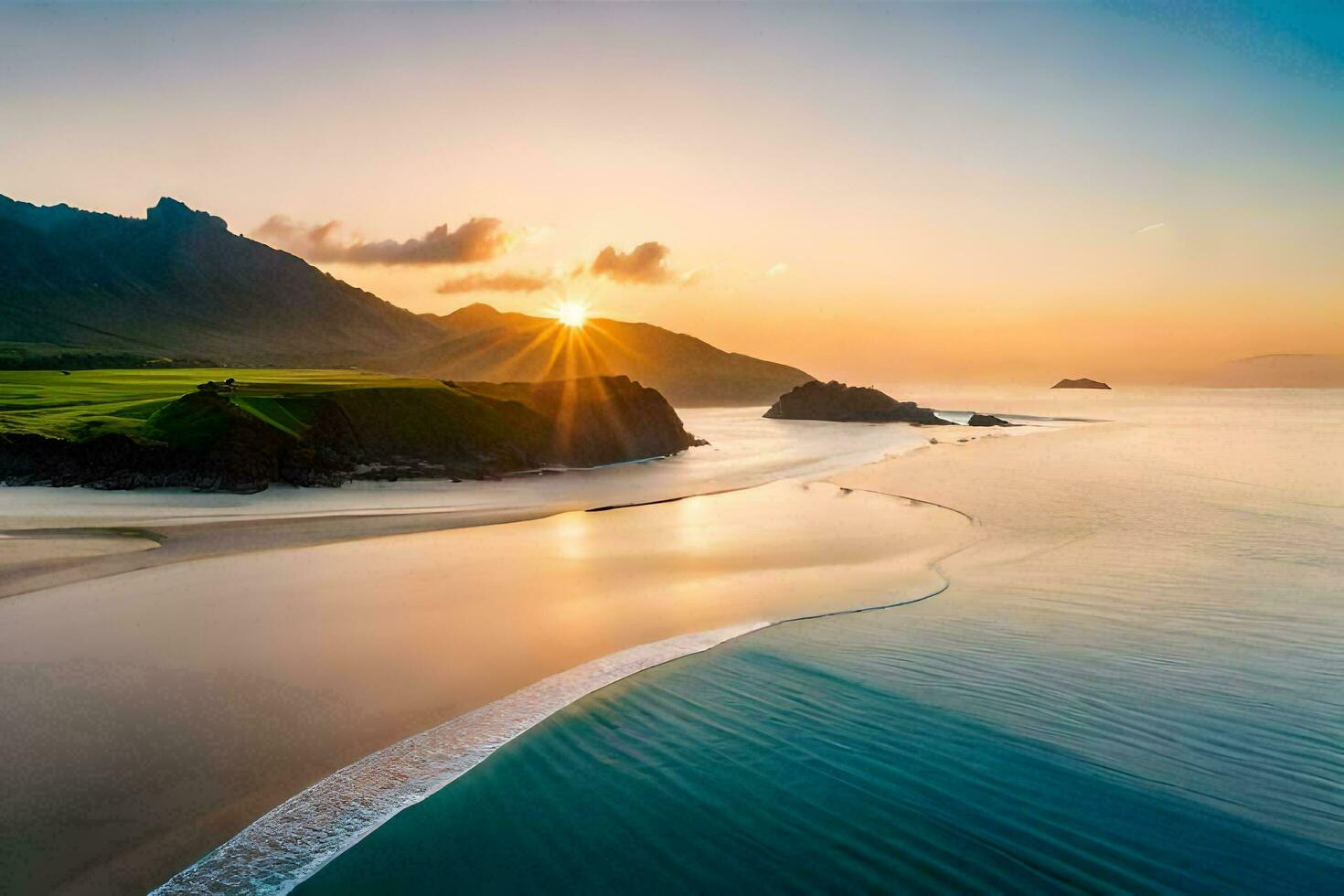 the sun is setting over a beach and mountains. AI-Generated photo