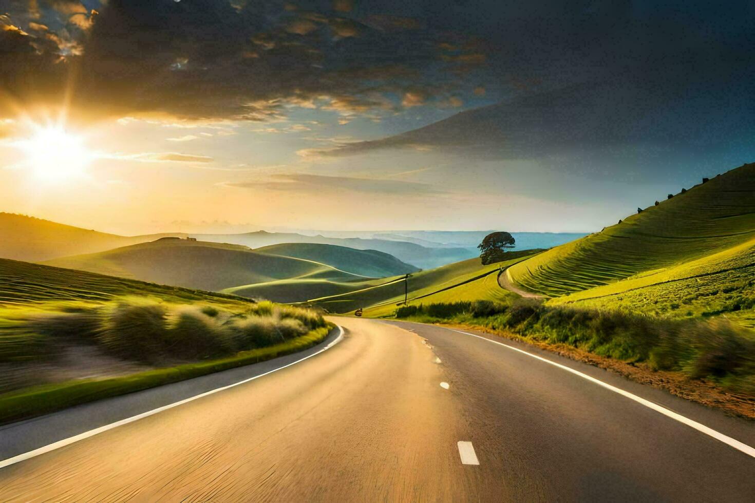 a road in the mountains with the sun setting. AI-Generated photo