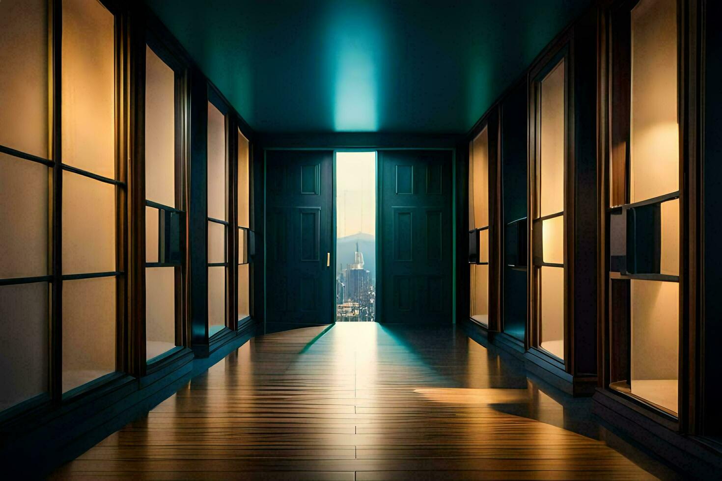 a long hallway with an open door and wooden floors. AI-Generated photo