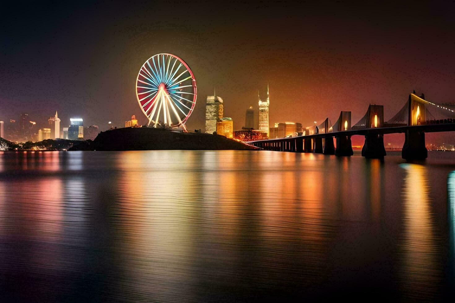 the city skyline at night with a ferris wheel. AI-Generated photo