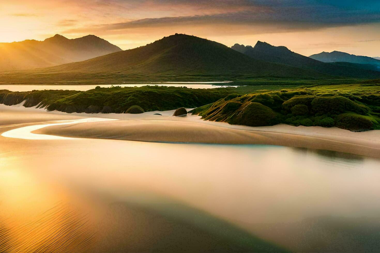 a beautiful sunset over a river and mountains. AI-Generated photo