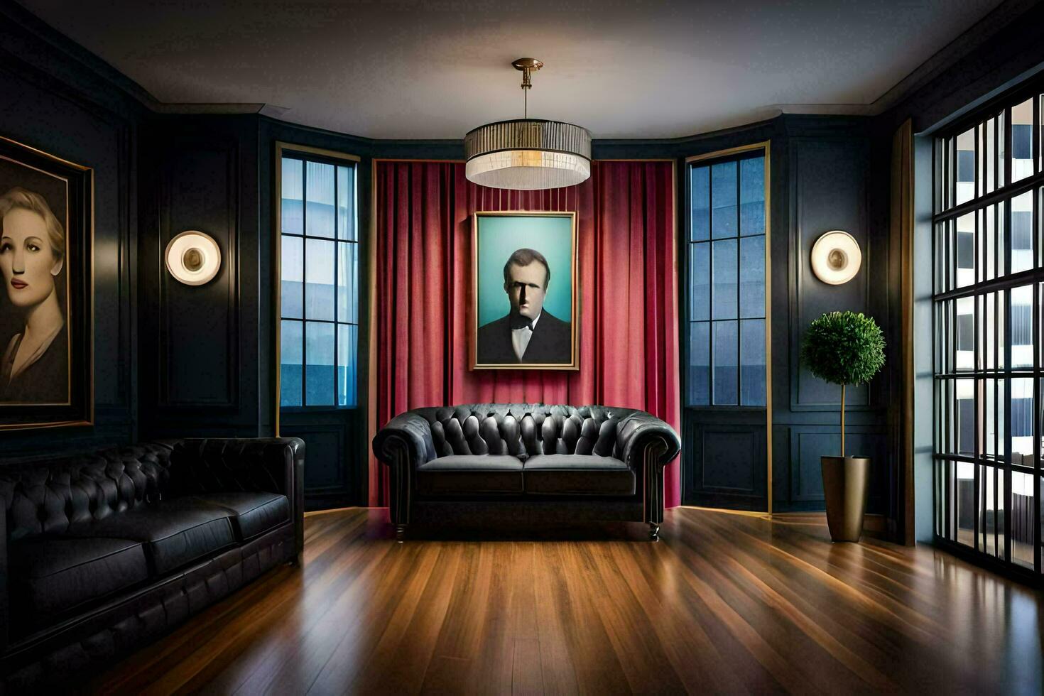 a room with black walls and a painting on the wall. AI-Generated photo