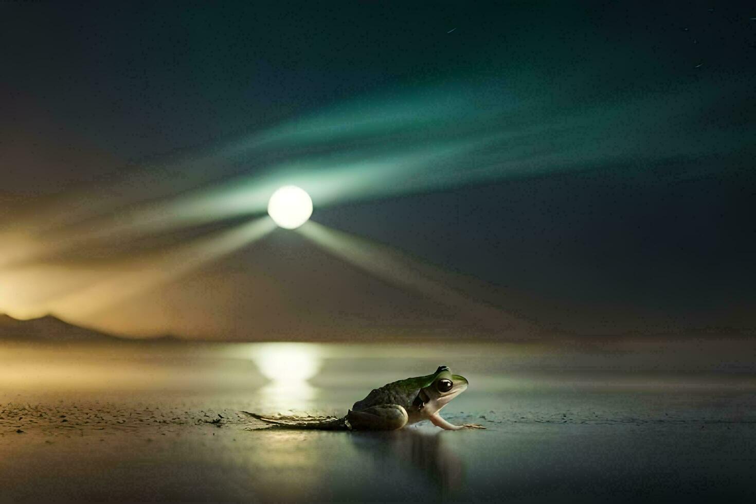 a frog sitting on the beach at night with a full moon in the background. AI-Generated photo