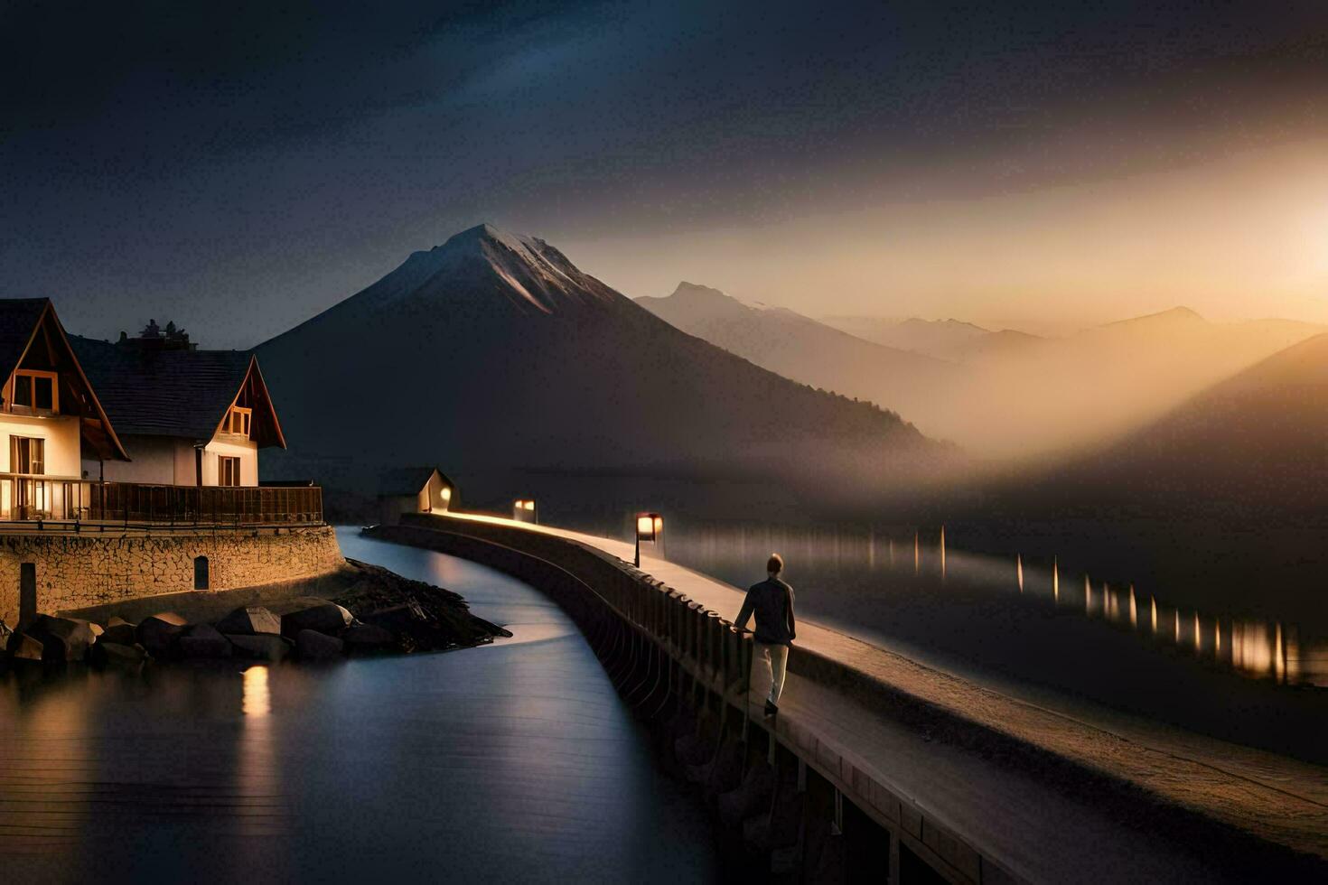a man walks along a wooden bridge over a river. AI-Generated photo