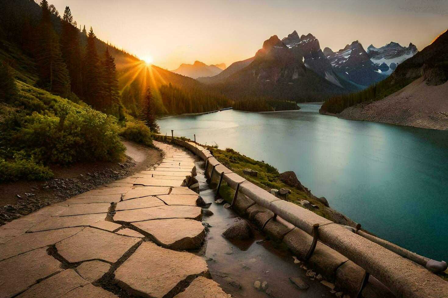 the sun rises over a lake and mountain range. AI-Generated photo