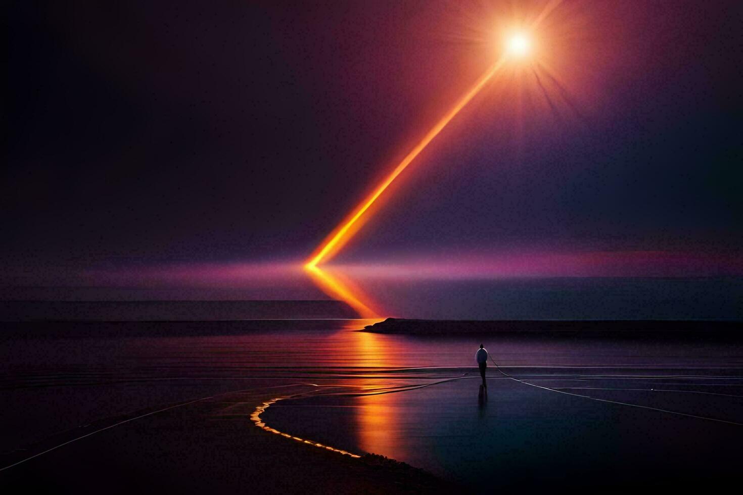 un hombre en pie en el playa con un brillante ligero brillante en el cielo. generado por ai foto