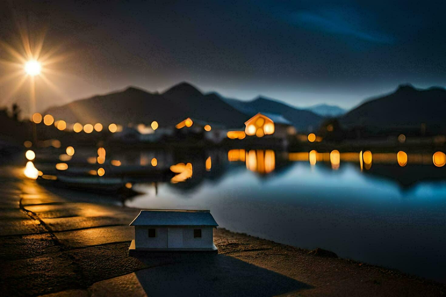 foto fondo de pantalla el cielo, el luna, el lago, el casa, el montañas, el lago. generado por ai