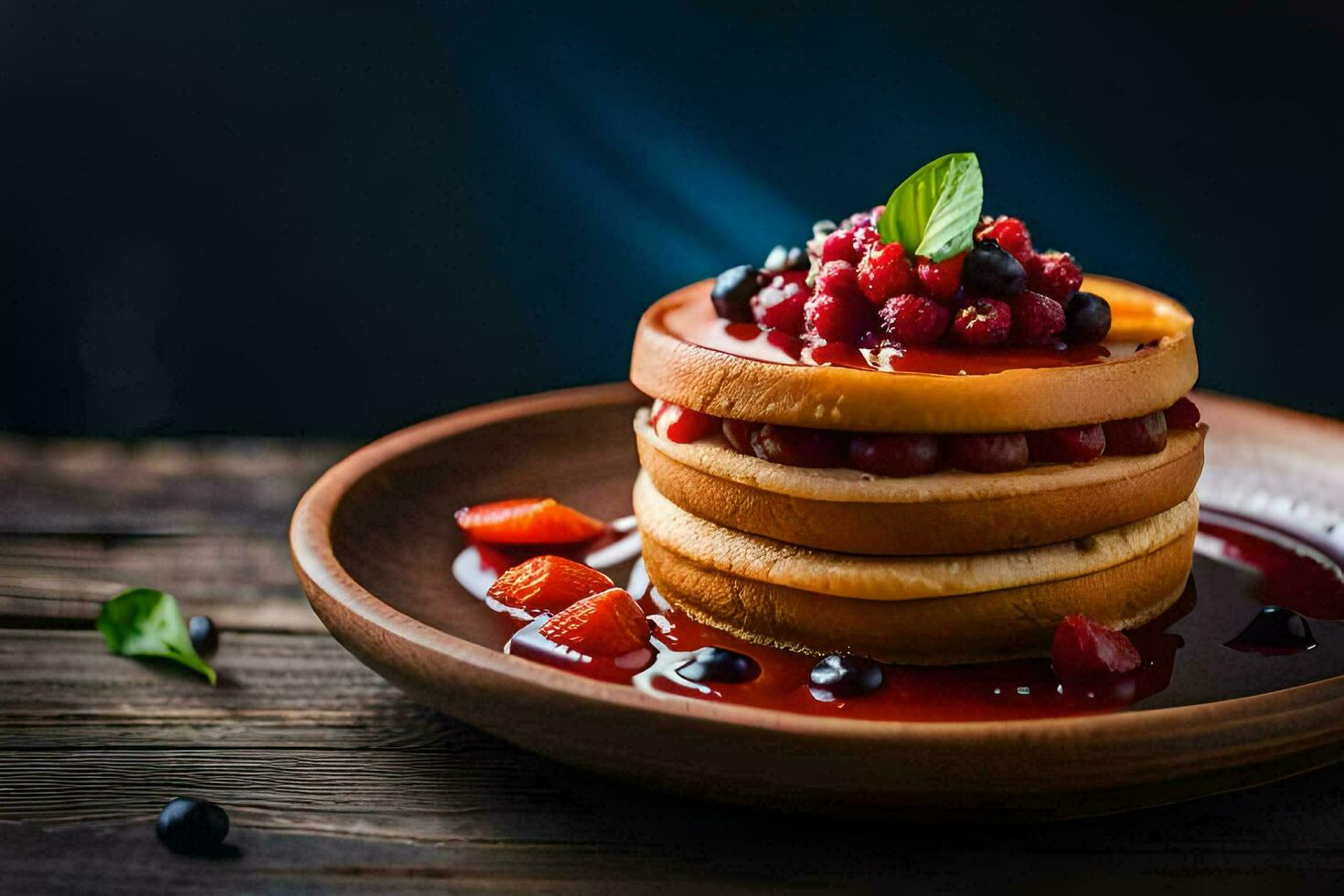 a stack of pancakes with berries and syrup on a wooden table. AI-Generated photo