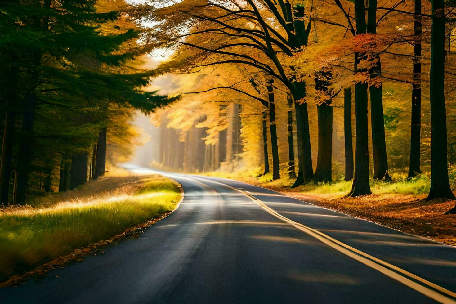 a road in the middle of an autumn forest. AI-Generated photo