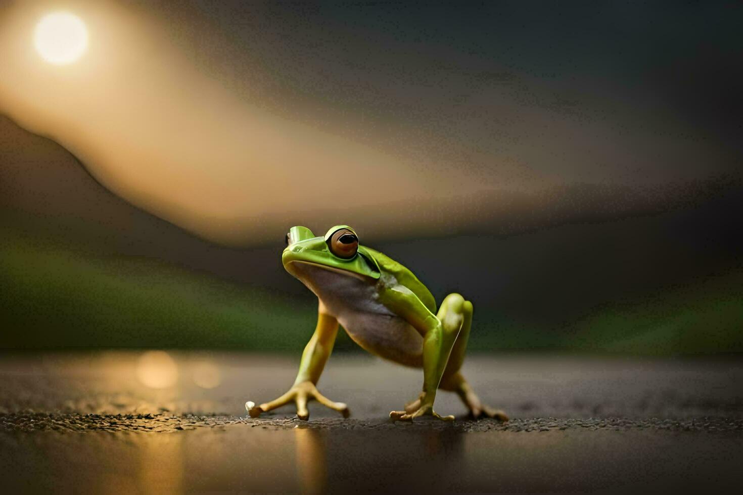 a frog is standing on the ground in front of a full moon. AI-Generated photo