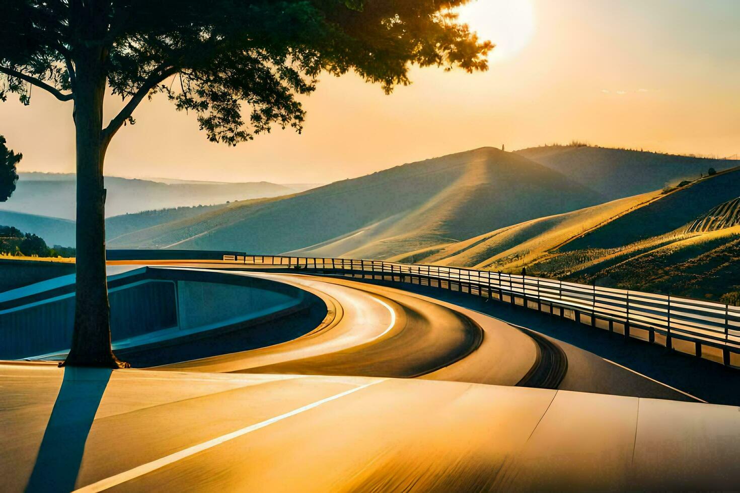 a road with a tree in the middle and a sunset in the background. AI-Generated photo