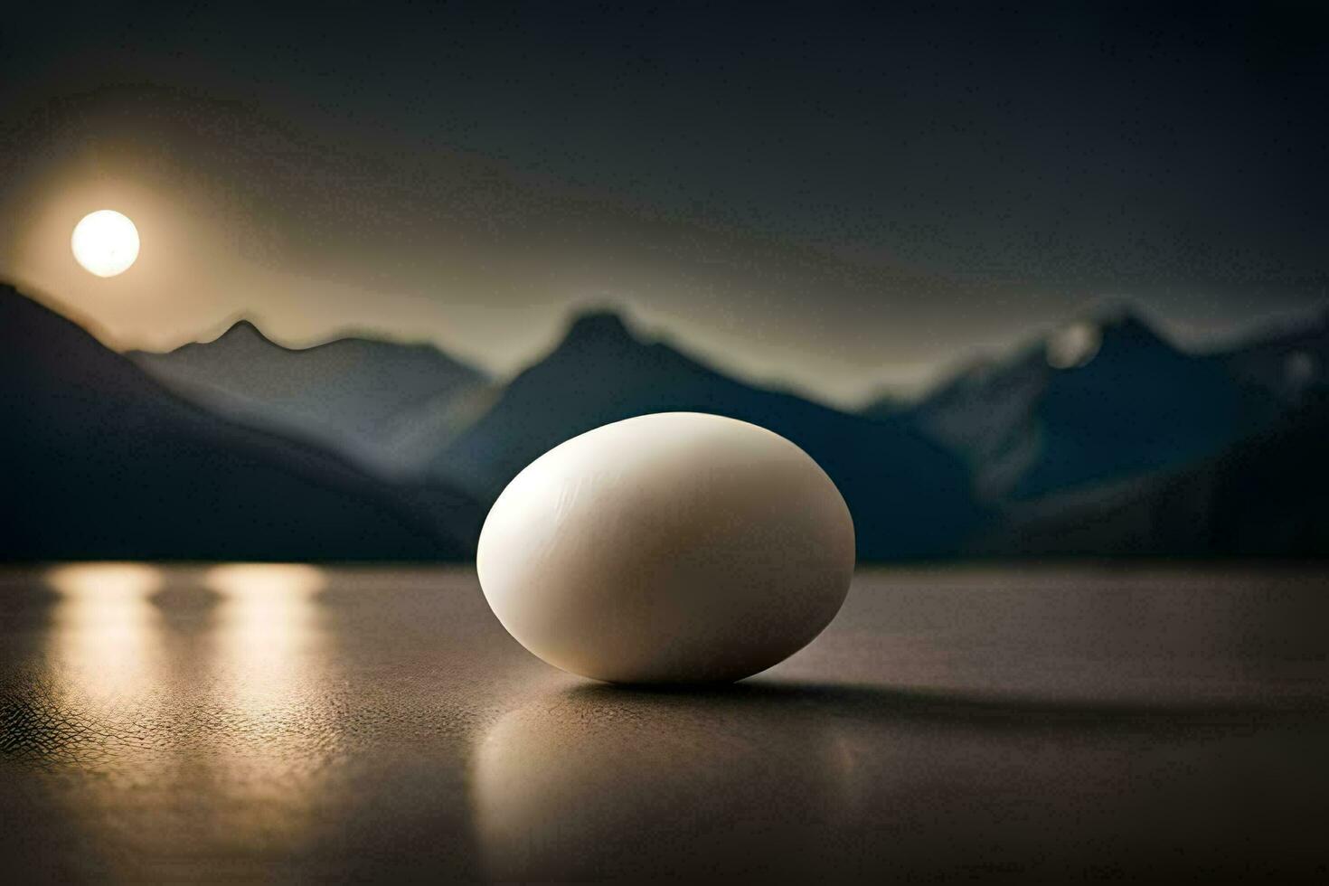 a white egg on a table in front of mountains. AI-Generated photo