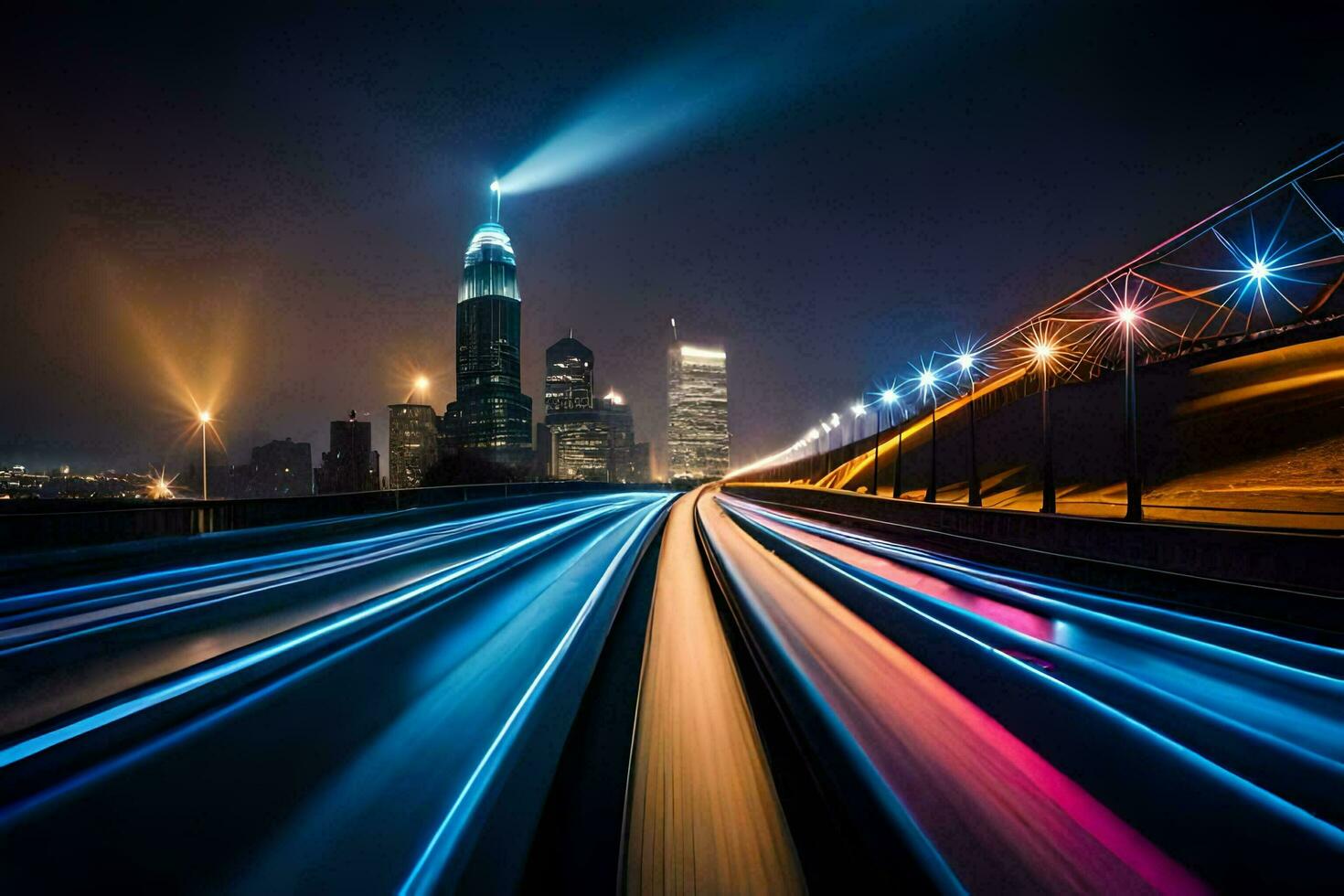 a long exposure photo of a city skyline at night. AI-Generated