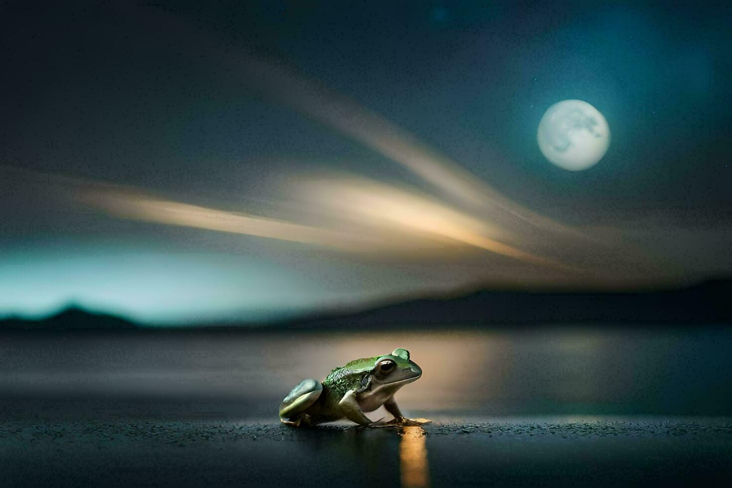 a frog sitting on the ground in front of a full moon. AI-Generated photo