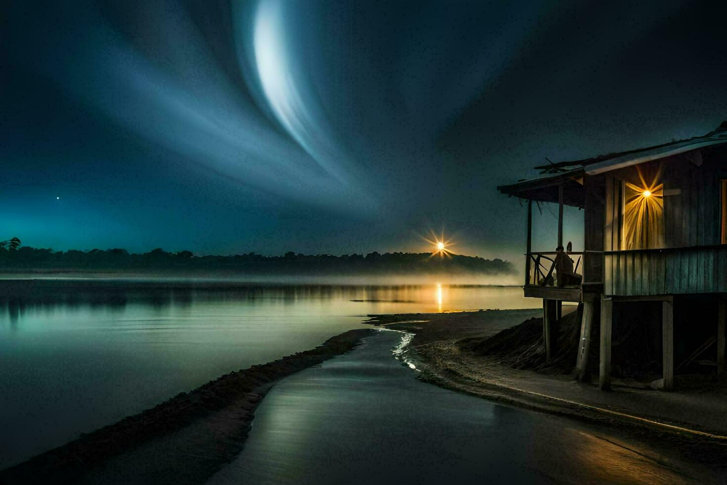 a house on the shore of a lake at night. AI-Generated photo