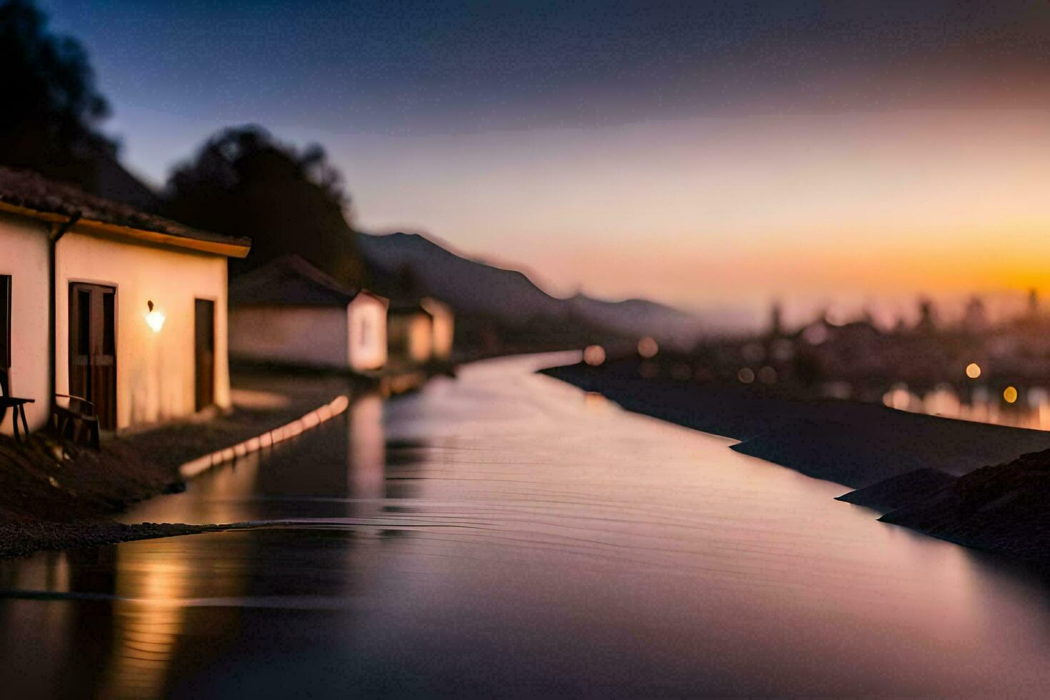 a river runs through a town at sunset. AI-Generated photo