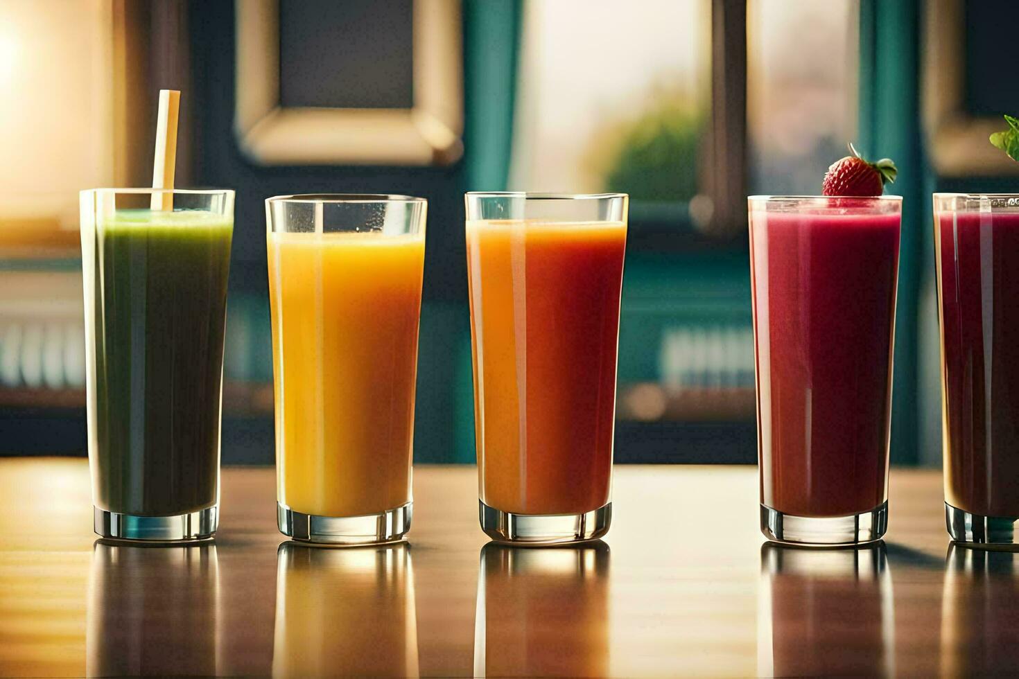 five different types of juices are lined up on a table. AI-Generated photo