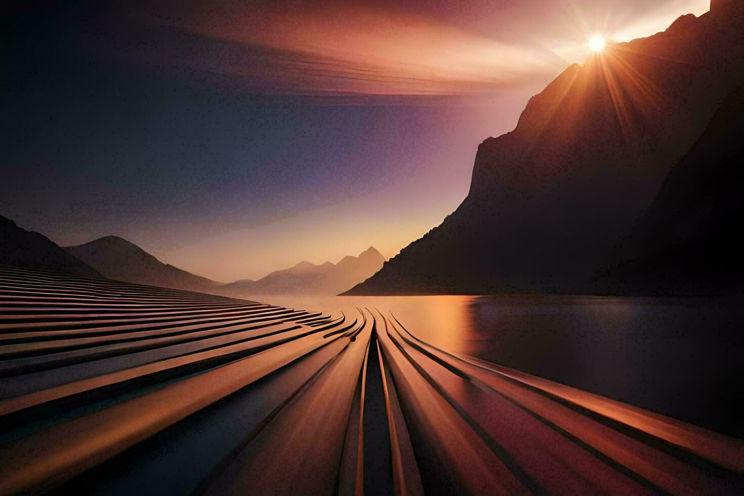 a train is traveling along the tracks in front of mountains. AI-Generated photo