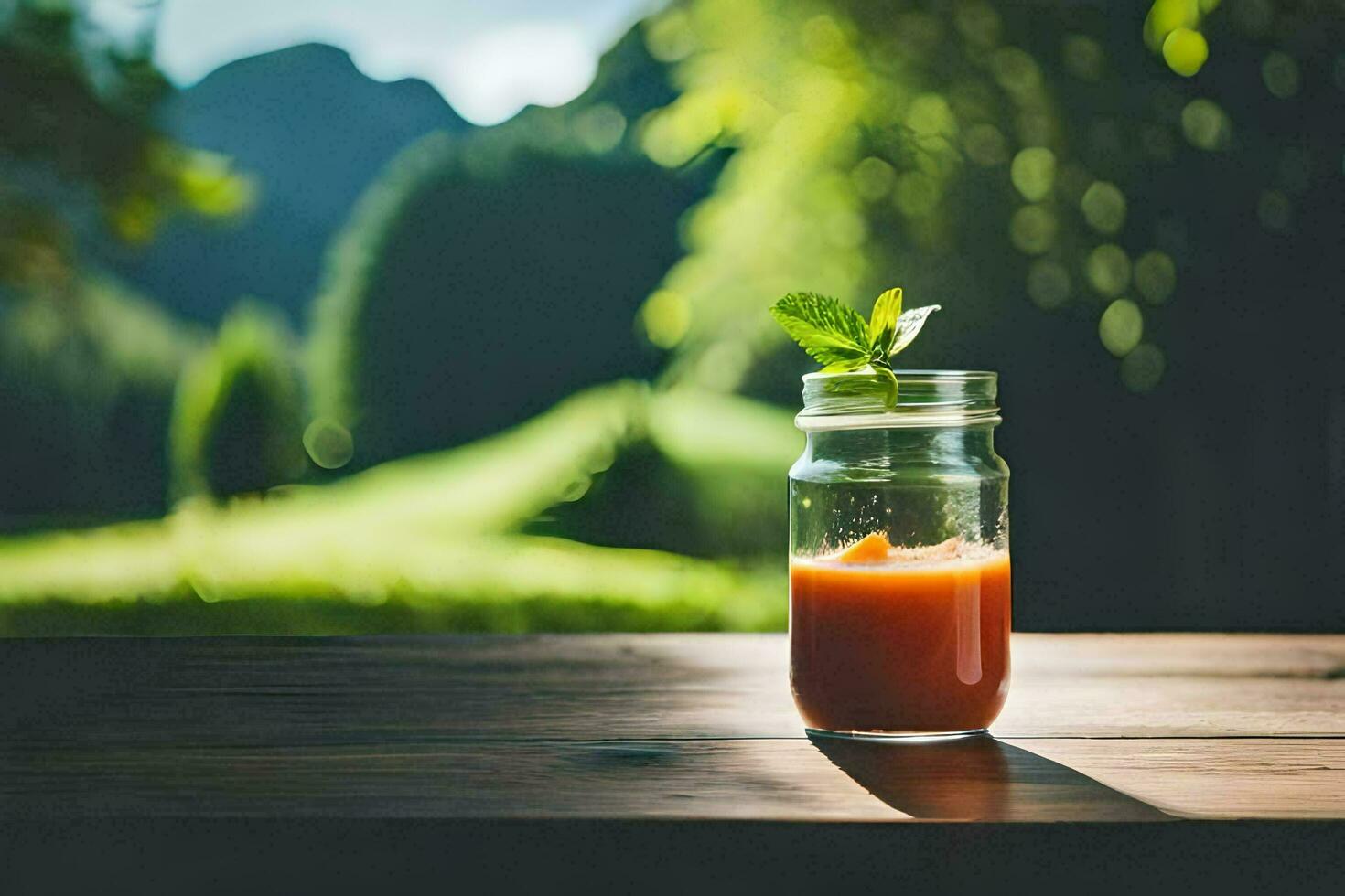 a glass jar with a drink on a table in the woods. AI-Generated photo