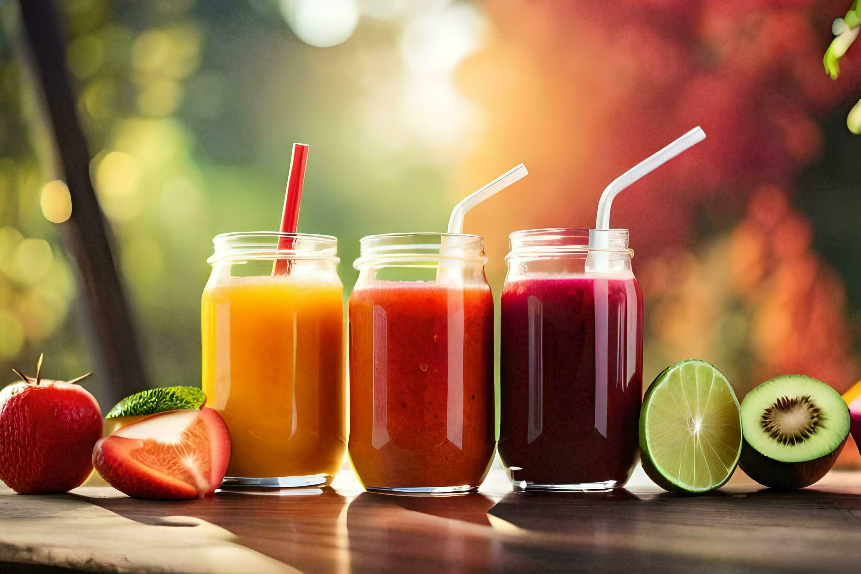three different types of juices are shown on a table. AIGenerated
