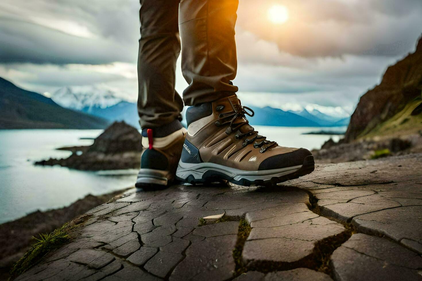 a person wearing hiking boots standing on a rock near a lake. AI-Generated photo