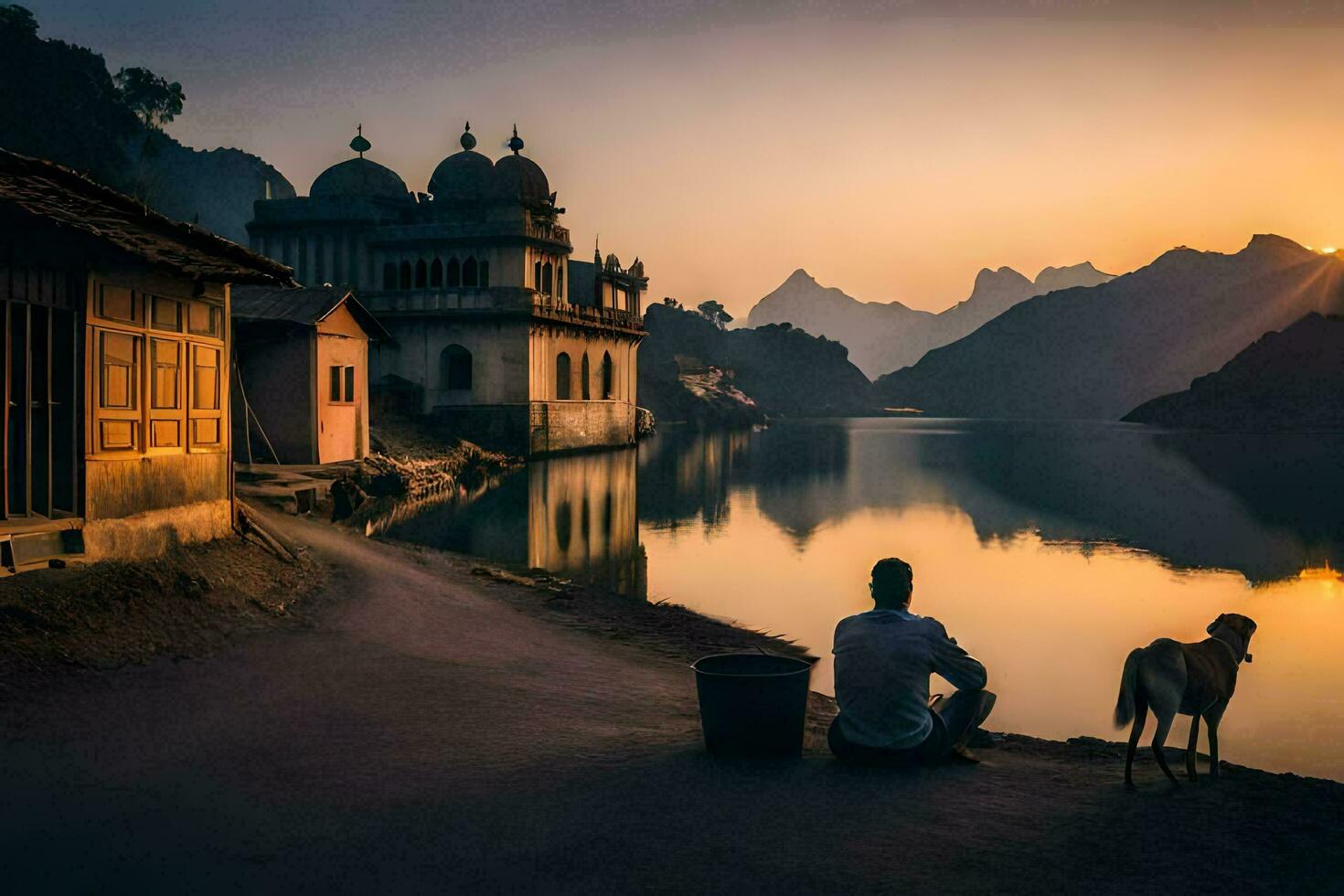 a man and his dog sit on the shore of a lake at sunset. AI-Generated photo
