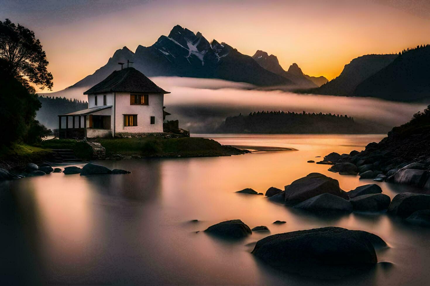 a house sits on the shore of a lake at sunset. AI-Generated photo