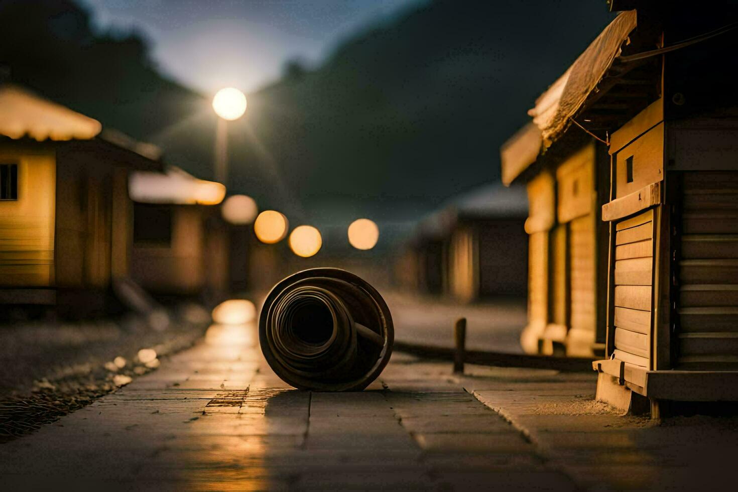 a long wooden pipe sits on the ground in front of a building. AI-Generated photo