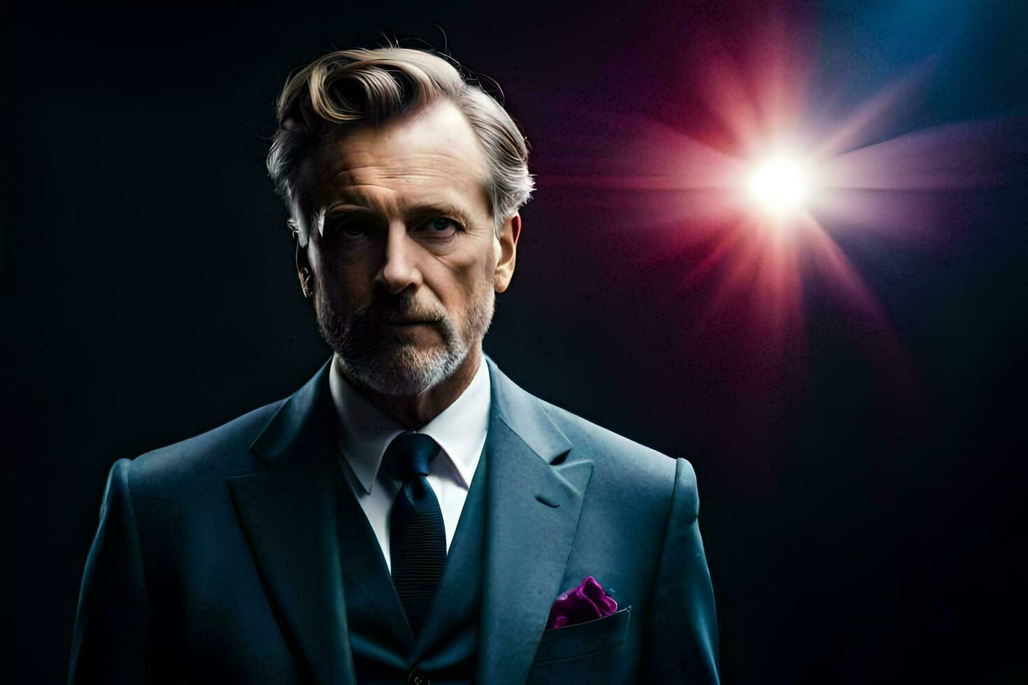 a man in a suit and tie standing in front of a bright light. AI-Generated photo