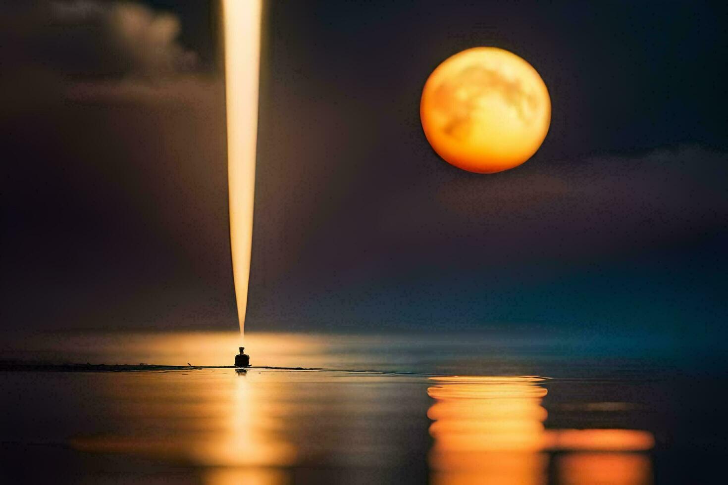 un hombre es en pie en el agua con un largo haz viniendo fuera de el cielo. generado por ai foto