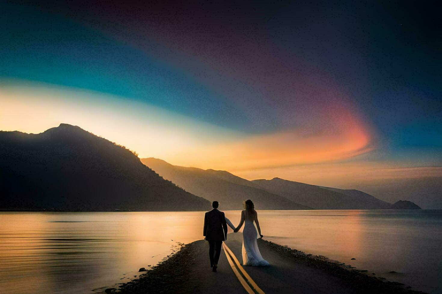 a bride and groom walk along the road at sunset. AI-Generated photo