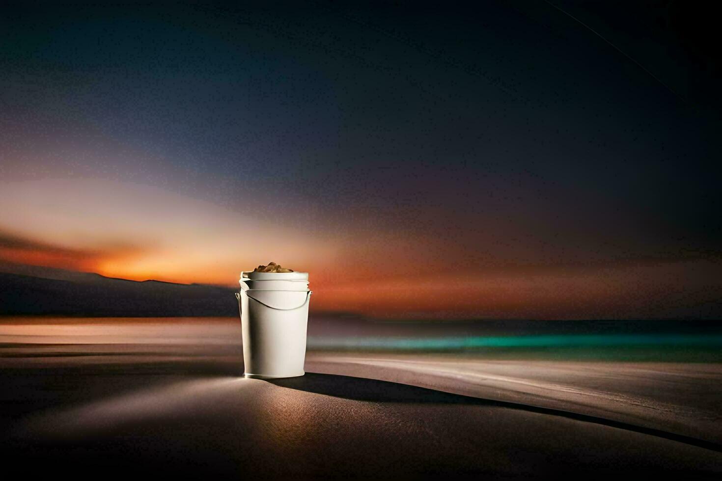 a bucket of sand on the beach at sunset. AI-Generated photo