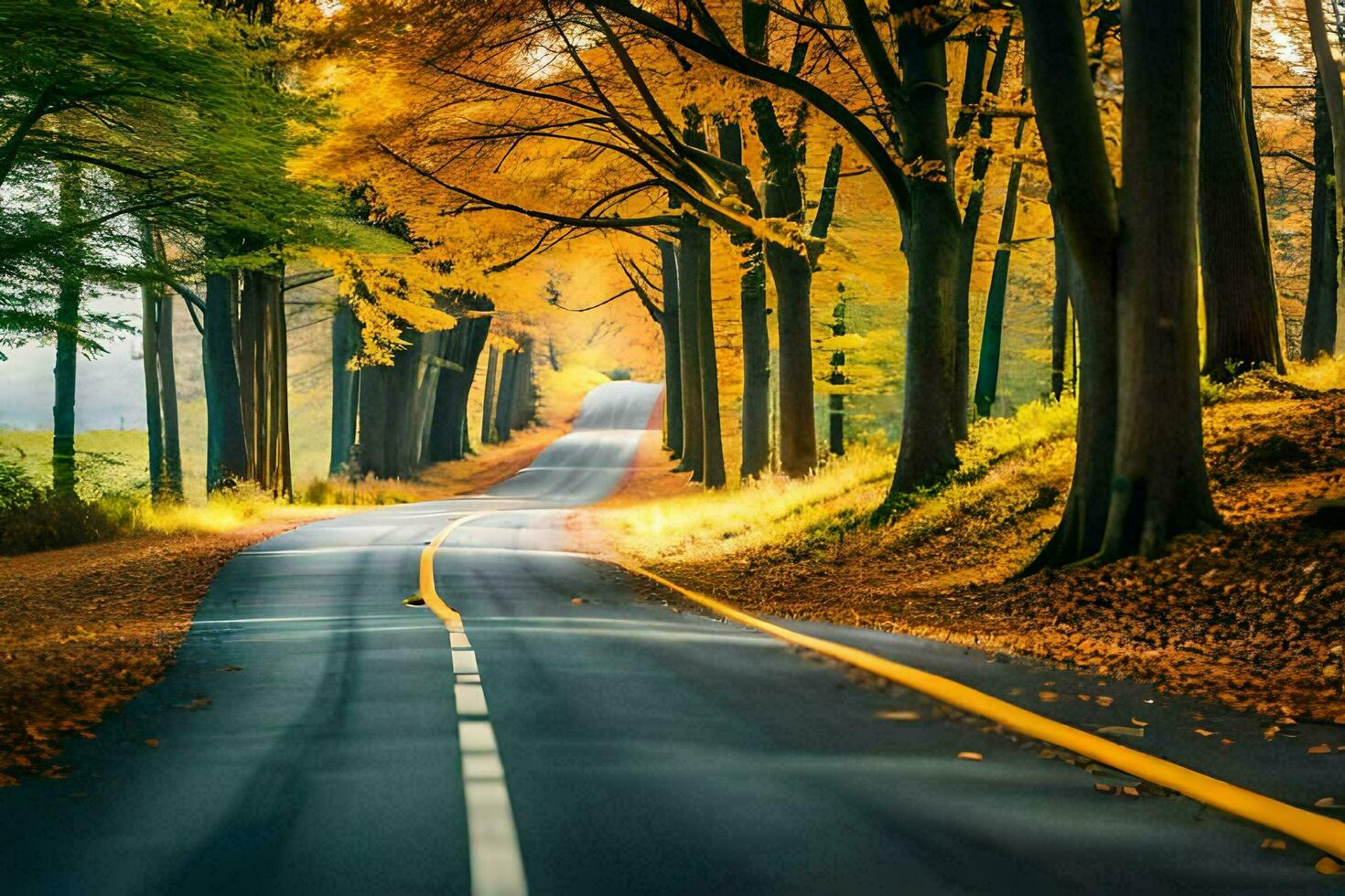 an empty road in the middle of an autumn forest. AI-Generated photo